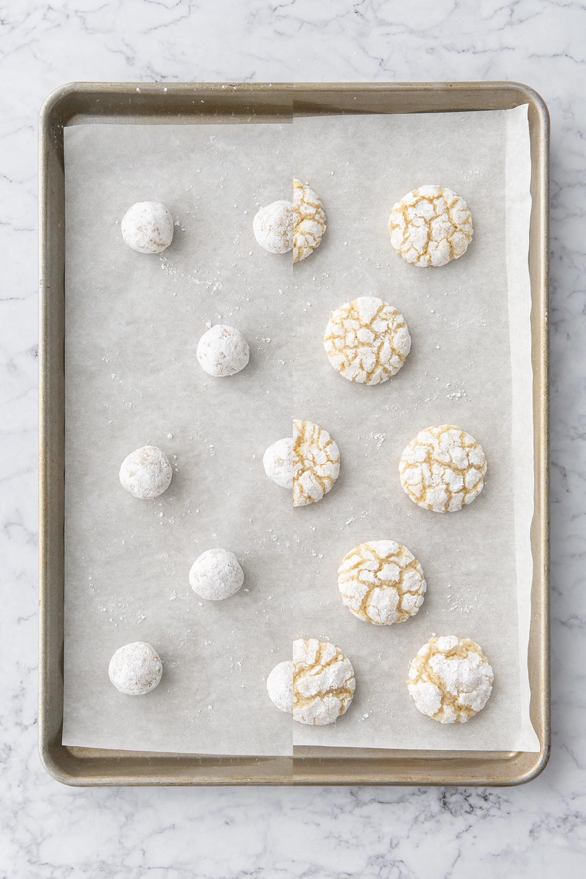 Split screen showing Chewy Lemon Almond Crinkle Cookies before and after baking.