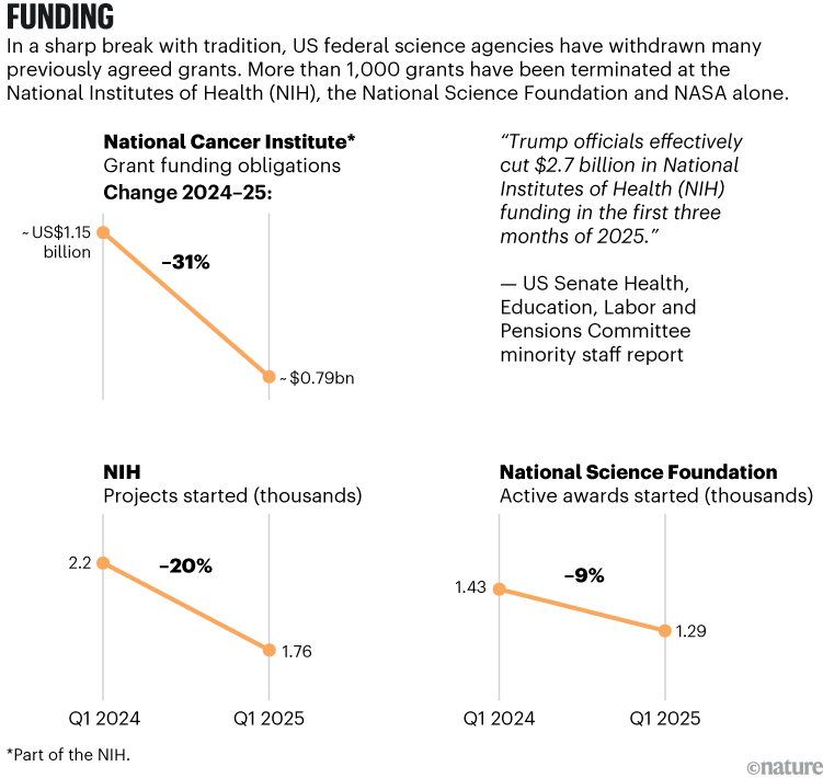 Funding: A graphic showing changes in the US Funding sector between Q1 2024 and Q1 2025. The three line charts present data for: National Cancer Institute, National Institutes of Health and National Science Foundation, all of which have fallen in the one year period.