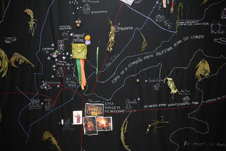 An art project on the wall with a map and different media attached, co-created with the citizens of Santa Comba Dão.