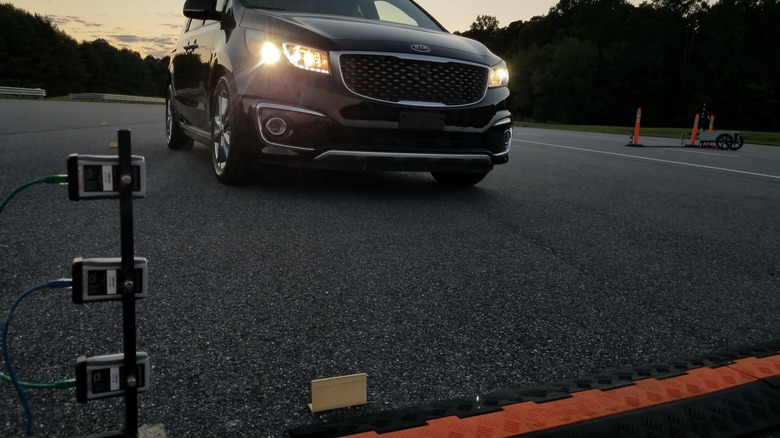 The Institute conducts its headlight evaluations on the test track at the Vehicle Research Center in Ruckersville, Va.