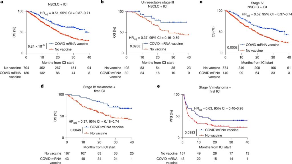 Five line graphs compare survival rates for cancer patients receiving COVID mRNA vaccine versus no vaccine; graphs show improved outcomes for vaccinated groups across different cancer stages and types.